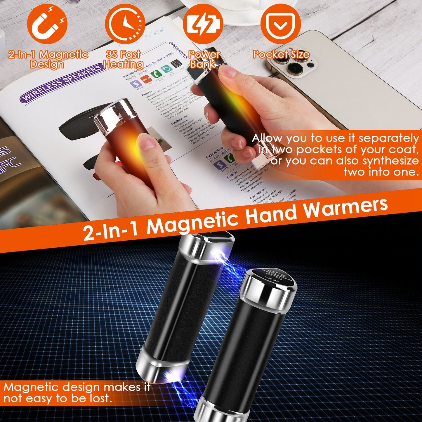 2 Packs 10000mAh Split-Magnetic Handwarmers 2 in 1 Portable Electric Pocket Heater Power Bank Portable Charger with 3 Heating Levels for Camping Hunting Fishing Skiing