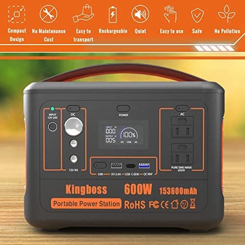 Portable Power Station 110V/600W 568Wh Lithium Battery Pure Sine Wave AC Outlet DC USB Solar Generator Supply for Emergency Outdoor Travel Camping Fishing Hunting CPAP