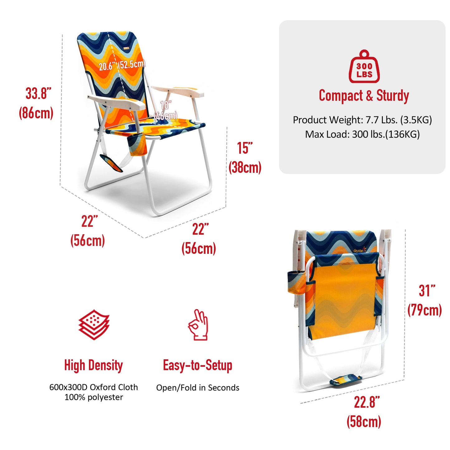 SunnyFeel AC1165 Folding Beach Chair Lightweight, Portable Lawn Chair for Adults Heavy Duty 300 LBS with Cup Holders, Foldable Camping Chair for Outdoor