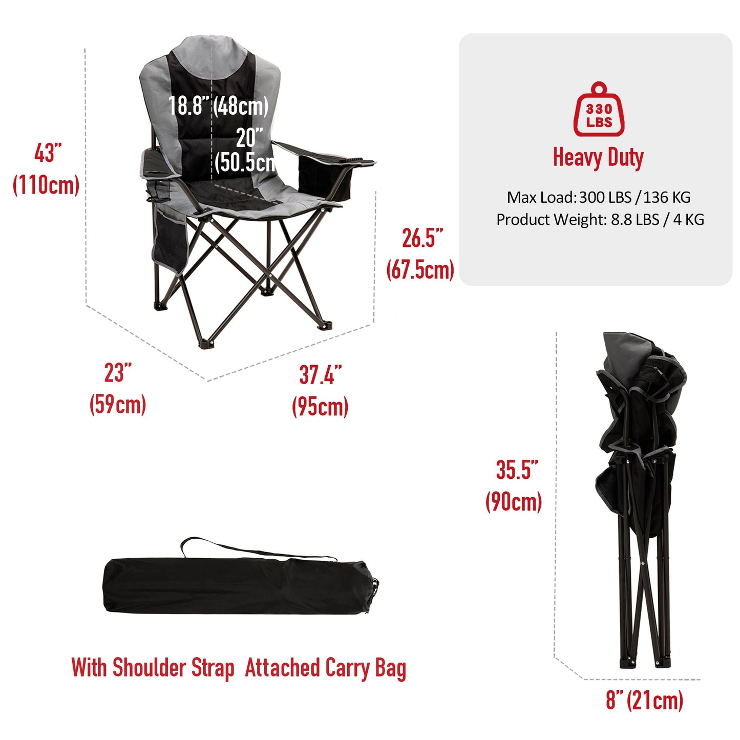 Camping Chair With Armrest, Side Pouch & Cooler, Oversized Padded Backpacking Chair With Cup Holder & Storage Bag, Outdoor Portable Hiking & Lawn Chairs For Adults