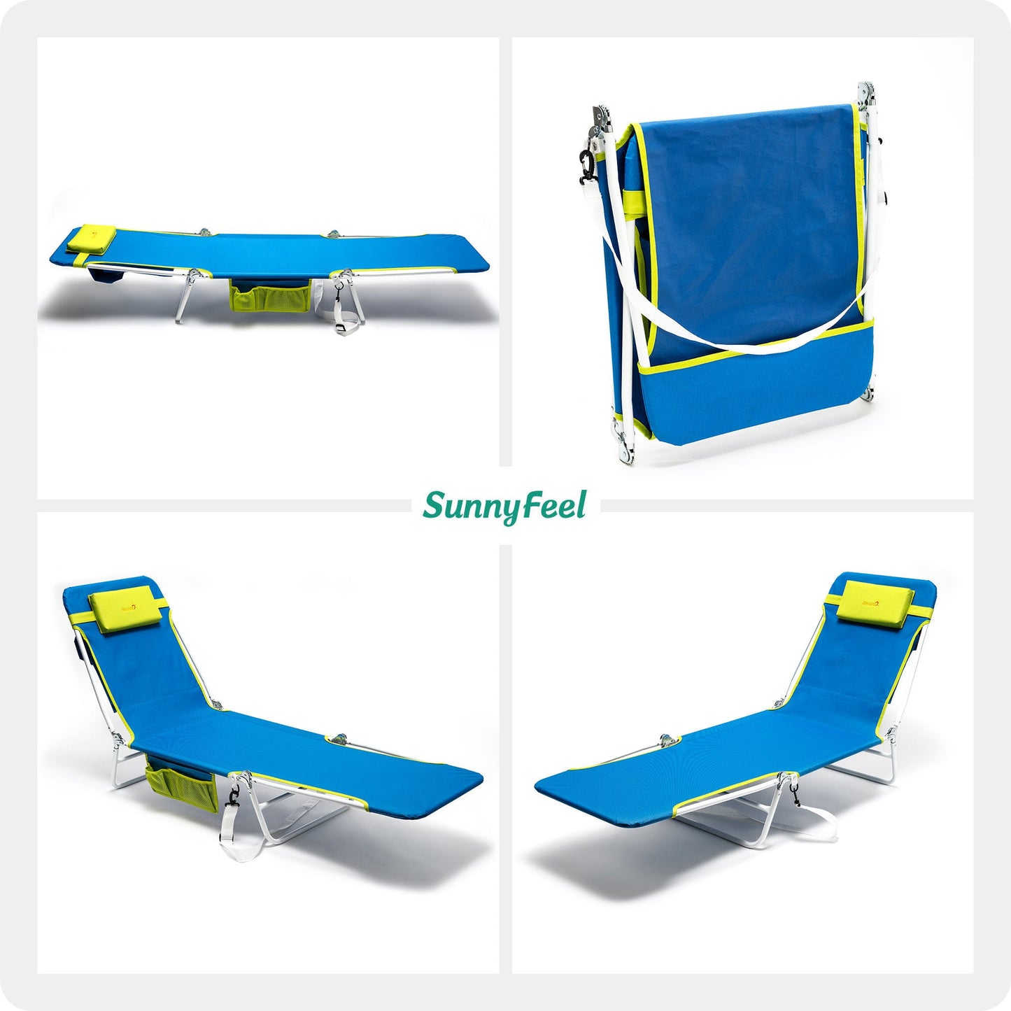 Beach Lounge Chair, Reclining Beach Chairs, 180-degree & Lay Flat, Portable Folding Camping Chairs with Padded Comfy Pillow for Camp/Lawn/Outdoor/Travel/Picnic, Beach Camping Cot