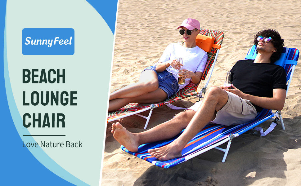 Beach Lounge Chair, Reclining Beach Chairs, 180-degree & Lay Flat, Portable Folding Camping Chairs with Padded Comfy Pillow for Camp/Lawn/Outdoor/Travel/Picnic, Beach Camping Cot